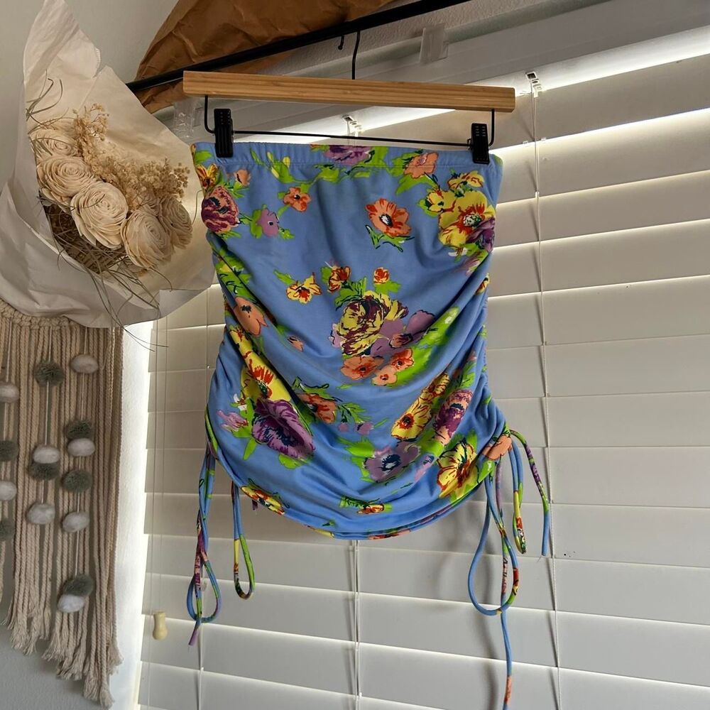 WAYF Blue Floral Ruched Drawstring Mini Skirt Size XS